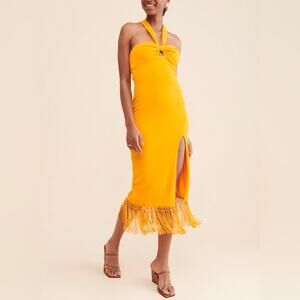 Saylor Women’s Jynx Fringe Halter Neck Mango Yellow Knit Midi Dress Sz S